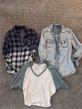 Bundle - Women’s Casual Button Down embellished plaid Shirts and burnout top